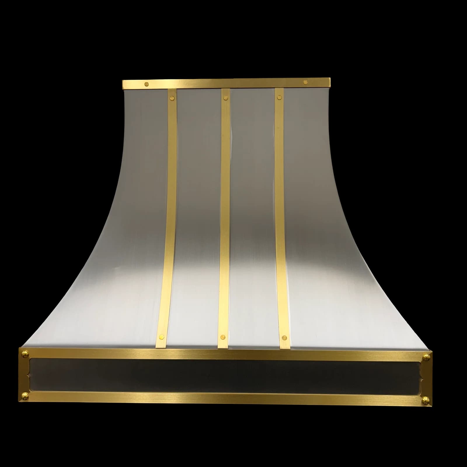 Monarch Collection range hood in brushed stainless steel with four brass straps, a brass crown and a brass apron band