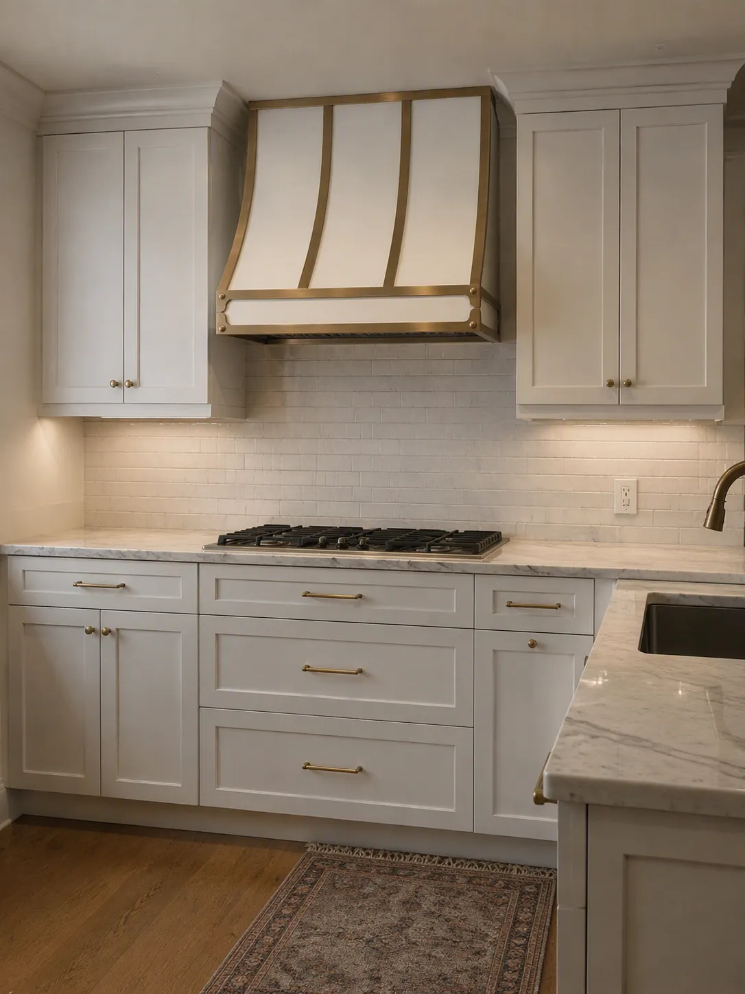 White satin range hood with brass straps installed over a gas range